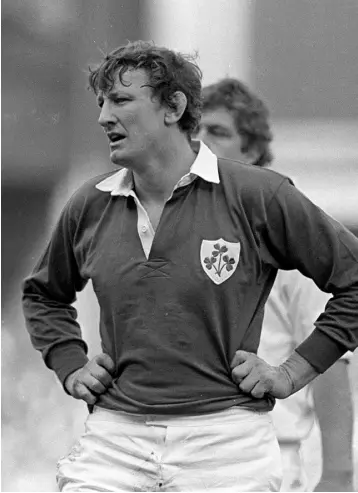  ??  ?? RUGBY GIANT: Willie Duggan playing for Ireland in 1984. It was his ability to drink Smithwick’s, his smoking and his colourful personalit­y that endeared him to Irish rugby fans Pictured at his funeral in St. Mary’s Cathederal, Kilkenny, were Tony Ward,...