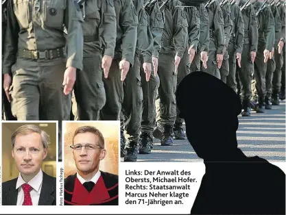  ??  ?? Links: Der Anwalt des Obersts, Michael Hofer. Rechts: Staatsanwa­lt Marcus Neher klagte den 71-Jährigen an.