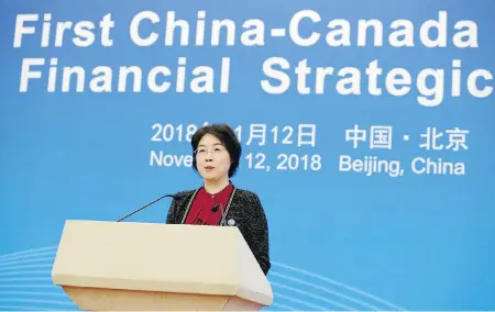  ??  ?? Chinese Vice-Finance Minister Zou Jiayi speaks at a news conference after the first China-Canada economic and financial strategy dialogue in Beijing on Monday.