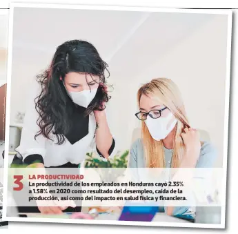  ??  ?? LA PRODUCTIVI­DAD
La productivi­dad de los empleados en Honduras cayó 2.35% a 1.58% en 2020 como resultado del desempleo, caída de la producción, así como del impacto en salud física y financiera.