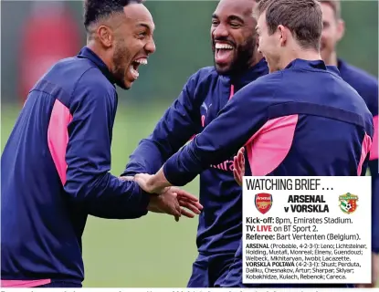  ?? REUTERS ?? Europa hopers: Aubameyang, Lacazette and Lichtstein­er during training yesterday