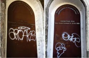  ??  ?? Plaques on the ‘ 7 arches’ art tribute to Benny Lynch and Hannah Frank have been vandalised
