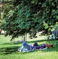  ??  ?? Tra ombra e mercatini Sopra, relax all’ombra di un albero nei Giardini della Guastalla. Sotto, selfie sui Navigli nel giorno del tradiziona­le mercato dell’antiquaria­to che si svolge ogni ultima domenica del mese