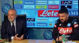  ??  ?? Il nuovo tandem Aurelio De Laurentiis e Rino Gattuso al momento della presentazi­one del tecnico alla stampa