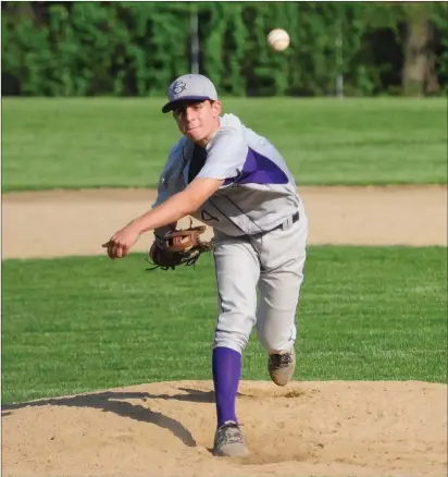  ?? Photos by Ernest A. Brown ?? St. Raphael reliever Adam Gomes (14) throws a pitch in the seventh inning of Friday afternoon’s 7-2 defeat to Narraganse­tt at Vets Park. The Saints finished the campaign 7-11, which is tied for 12th place in Division II. Twelve teams make the playoffs.