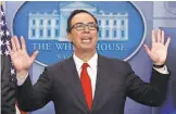  ?? CAROLYN KASTER/ AP ?? Treasury Secretary Steven Mnuchin unveils the White House’s tax priorities April 26. The overhaul is inching closer to Trump’s desk.