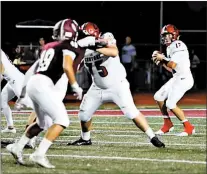  ?? SHANNON PALMER PHOTO ?? Lincoln-Way Central quarterbac­k Bryce Hayes, right, sets up in the pocket against Lockport on Sept. 14.