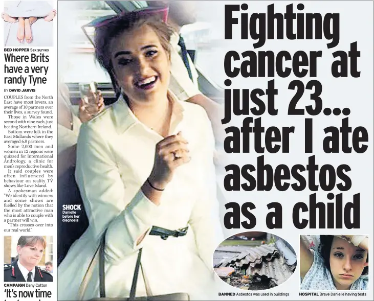  ??  ?? SHOCK Danielle before her diagnosis BANNED Asbestos was used in buildings HOSPITAL Brave Danielle having tests