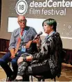  ??  ?? ABOVE: Lance McDaniel, deadCenter Film Festival executive director, and Kim Voynar, 2018 Oklahoma Film Icon, talk June 8 during her presentati­on as part of deadCenter at the 21c Museum.