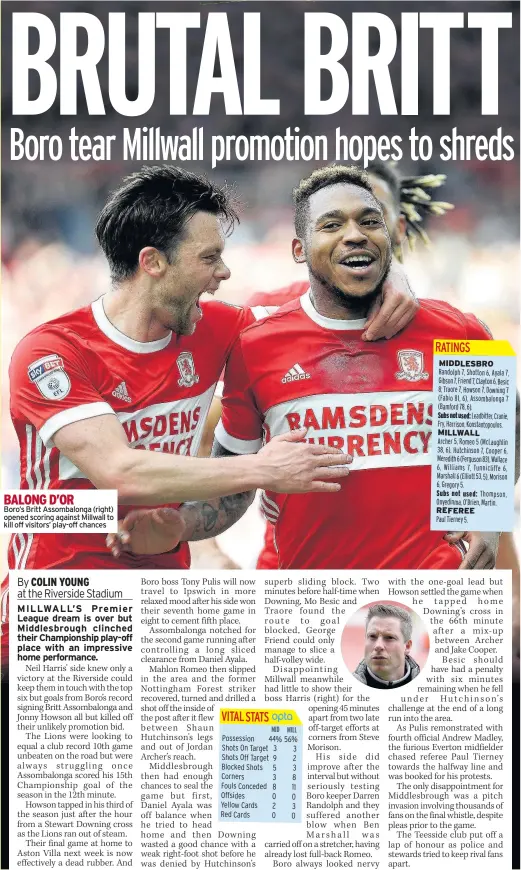  ??  ?? BALONG D’OR Boro’s Britt Assombalon­ga (right) opened scoring against Millwall to kill off visitors’ play-off chances