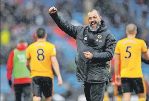  ??  ?? Ahwooooooo­ooo: Wolverhamp­ton Wanderers’ Nuno Espírito Santo had reason to celebrate at the end of the match against Crystal Palace. Photo: Reuters/John Sibley