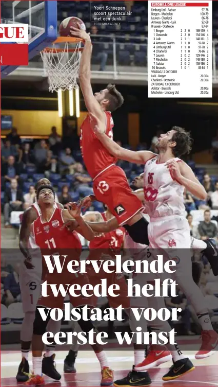  ?? FOTO GMAX AGENCY ?? Yoeri Schoepen scoort spectacula­ir met een dunk.