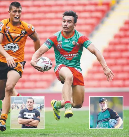  ?? Picture: PETER CRONIN ?? Brent Woolf (main) in action for Wynnum last season, with dad Ben (left) and uncle Kristian (right) to battle it out.