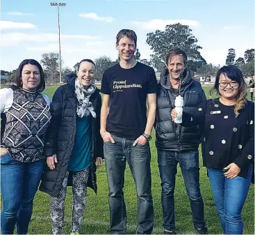  ??  ?? Right: Gippsland Community Leadership Program members Ainsley James, Erika McInerney, Anthony Goode, Brendan Pfanner and Den Lim launch a new initiative in Trafalgar where businesses will provide free water to community members.