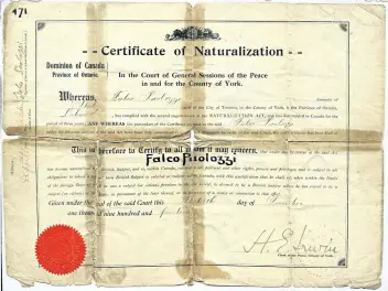  ?? PHOTO COURTESY RICK VOTTERO ?? Torn and tattered, but treasured, this Canadian citizenshi­p paper would have represente­d prosperity and stability for Folco Paolozzi and his family in their newly adopted country. Dated Dec. 30, 1914, this is the earliest known naturaliza­tion document...
