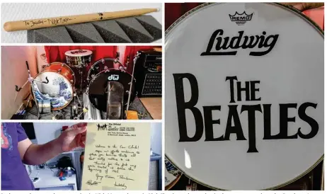  ??  ?? De haut en bas : une baguette signée Nick Mason, batterie Pink Floyd, une lettre signée des quatre membres des Beatles… Le tout à découvrir à Poissy, ce samedi 15 avril à Poissy.