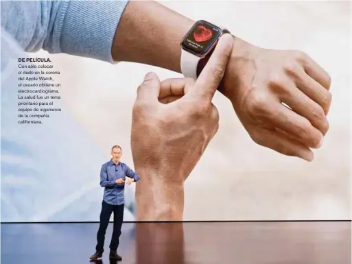  ??  ?? DE PELÍCULA. Con sólo colocar el dedo en la corona del Apple Watch, el usuario obtiene un electrocar­diograma. La salud fue un tema prioritari­o para el equipo de ingenieros de la compañía california­na.