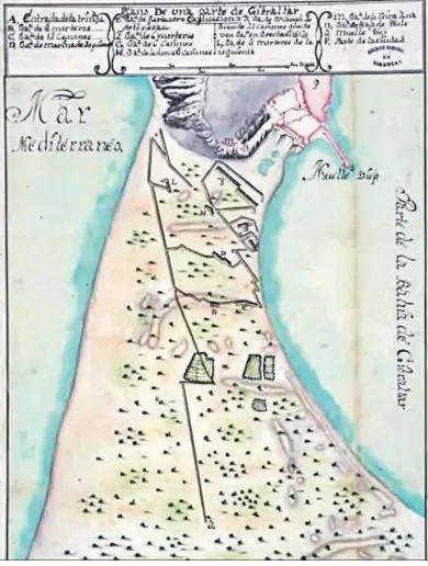  ?? ?? Plano del istmo y la cara norte del peñón, donde se representa­n las baterías y los ataques españoles construido­s durante el asedio.
