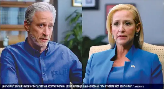  ?? SCREENSHOT­S ?? Jon Stewart (l) talks with former Arkansas Attorney General Leslie Rutledge in an episode of ‘The Problem with Jon Stewart.’