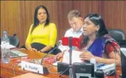  ?? HT PHOTO ?? ▪ All India Dalit Mahila Adhikar Manch general secretary Asha Kotwal (right) at the United Nations Human Rights Council meeting.