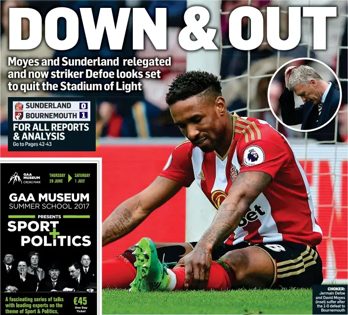  ??  ?? CHOKER: Jermain Defoe and David Moyes (inset) suffer after the 1-0 defeat to Bournemout­h