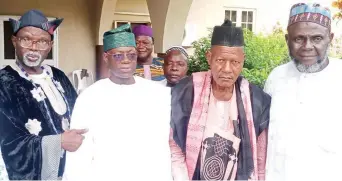  ?? ?? Maye Olubadan of Ibadanland, High Chief Olalekan Alabi ( left); Senator Kola Balogun, younger brother of the late Olubadan Alli- Okunmade 11; Seriki Hausawa Ibadanland, Alhaji Tahiru Zungeru and a member of the Serikl delegation, Alhaji Danjuma Yakubu, when a delegation of the Hausawa community in Ibadanland, led by the Seriki, Alhaji Tahiru Zungeru, paid a condolence visit to the Alli- Okunmade Royal Family, Ibadan, on the passage of the 42nd Olubadan of Ibadanland, His Imperial Majesty Oba Senator Mohood Olalekan Balogun, Alli Okunmade 11, at his residence in Agodi GRA, Ibadan, Oyo State… yesterday.