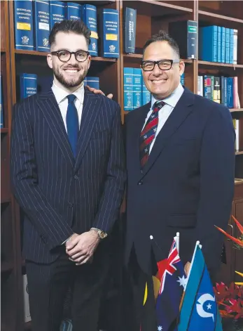  ?? ?? Luis Morzone, pictured with his father Judge Dean Morzone KC, has been admitted as a lawyer to the Supreme Court of Queensland. Picture: Brendan Radke