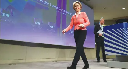  ?? (Yves Herman/Reuters) ?? EUROPEAN COMMISSION president-designate Ursula von der Leyen leaves after delivering a news conference at the EU Commission headquarte­rs in Brussels yesterday.