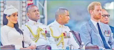  ?? Picture: JOVESA NAISUA ?? The Duke and Dutchess of Sussex Prince Harry and Meghan Markle during their traditiona­l welcoming ceremony at Albert Park in Suva last year.