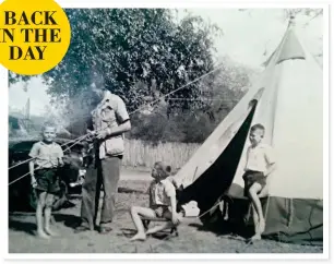  ??  ?? ROUGH & READY. These photos were taken in the Kruger Park in 1956. Main photo, from left: Koos’s youngest brother Willem (5), his father Piet, Koos himself (7) and his older brother Piet (9). The photo with the tents was taken in Skukuza – the tents...