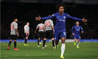  ?? Chelsea FC via Getty Images ?? Willian celebrates after his exquisite strike which earned Chelsea victory against a stubborn Newcastle side. Photograph: Darren Walsh/