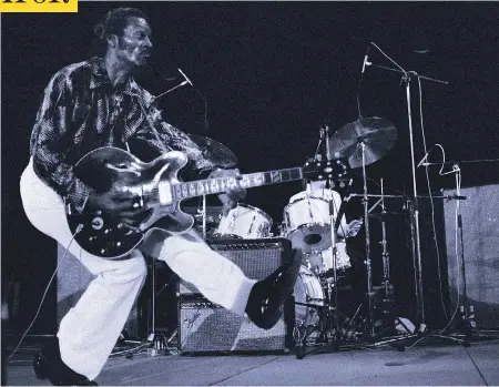  ?? NOVOVITCH / AFP / GETTY IMAGES ?? Chuck Berry, the perpetual wild man of rock and roll who wrote such hits as Johnny B. Goode and Maybellene, performs at a show in France in 1981. Berry, who died Saturday at age 90, played concerts all over the world well into his 80s.
