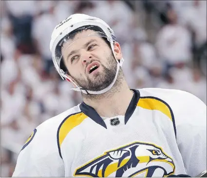  ?? — GETTY IMAGES ?? The Nashville Predators’ Alexander Radulov reacts in Game 1 against the Phoenix Coyotes, but was suspended for Game 3 for partying into the early hours before Game 2.