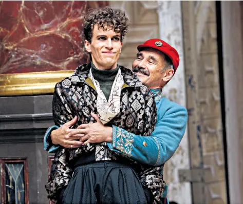  ??  ?? Moor the merrier: Mark Rylance as Iago embraces Roderigo (Steffan Donnelly) in the production of Othello at Shakespear­e’s Globe, which opened officially yesterday