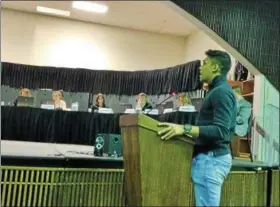  ?? BOB KEELER — DIGITAL FIRST MEDIA ?? Pennridge High School student Jayson Badal, one of the group of students who took part in the March 14 National School Walkout at the school, speaks at the March 26 Pennridge School Board meeting.