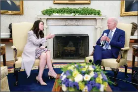  ?? (AP/Evan Vucci) ?? President Joe Biden meets with New Zealand Prime Minister Jacinda Ardern in the Oval Office of the White House, Tuesday, in Washington.