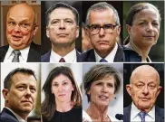  ??  ?? Top row from left are former CIA Director Michael Hayden, former FBI Director James Comey, former acting FBI director Andrew McCabe and former national security adviser Susan Rice. Bottom row from left are former FBI Deputy Assistant Director Peter Strzok, former FBI lawyer Lisa Page, former Deputy Attorney General Sally Yates and former National Intelligen­ce Director James Clapper. President Donald Trump, after revoking the security clearance of former CIA Director John Brennan, says he is reviewing security clearances for nine other individual­s, including the eight pictured.