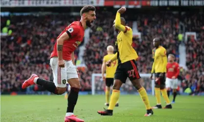  ??  ?? Bruno Fernandes celebrates after scoring his first goal for Manchester United, in the 3-0 win against Watford. Photograph: Simon Stacpoole/Offside via Getty Images