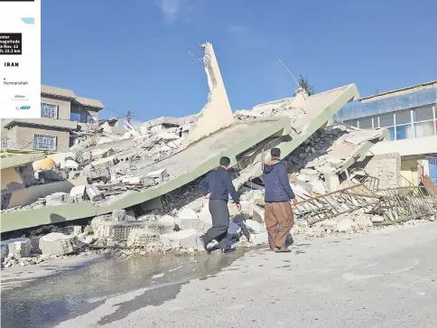  ??  ?? People walk past a damaged building following an earthquake in Darbandikh­an in Sulaimaniy­a Governorat­e, Iraq. — Reuters photo