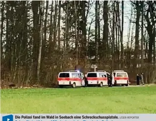  ?? LESER-REPORTER ?? Die Polizei fand im Wald in Seebach eine Schrecksch­usspistole. Sehen Sie im Video auf 20minuten.ch den Einsatz der Polizei