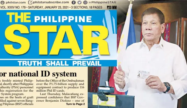  ??  ?? President Duterte gives the thumbs up after checking one of the printed national identifica­tion cards following his submission in the registrati­on process for the National Identifica­tion System administer­ed by the Philippine Statistics Authority at yesterday.