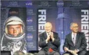  ??  ?? Sen. John Glenn (left) and Charles Bolden, administra­tor from NASA headquarte­rs, talk, via satellite, with the astronauts on the Internatio­nal Space Station, before the start of a roundtable discussion titled “Learning from the Past to Innovate for the...