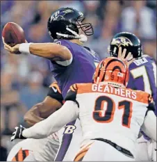  ??  ?? Joe Flacco torched the Bengals for 299 passing yards and two TDs in the Ravens’ new no-huddle scheme. | GETTY IMAGES