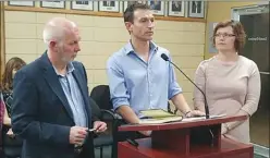  ?? KEITH LACEY/Special to The Daily Courier ?? Drs. Peter Entwistle, Jacob Bellingan and Madia Smallwood speak to council Monday evening in Oliver.