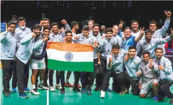  ?? ANI ?? Indian team celebrate after wining the Thomas Cup, defeating 14-time champions Indonesia in the final in Bangkok yesterday. India won 3-0.