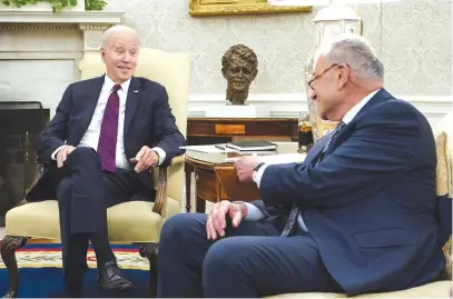  ?? (Kevin Lamarque/Reuters) ?? US PRESIDENT Joe Biden chats with Senate Majority Leader Chuck Schumer in the Oval Office. Alienating the Bidens and Schumers of this world will go down in Israel’s history as reckless folly, the writer argues.