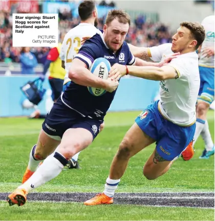  ?? PICTURE: Getty Images ?? Star signing: Stuart Hogg scores for Scotland against Italy