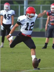  ?? File-LARRY GREESON / For the Calhoun Times ?? Sonoravill­e’s Kevin Villatoro kicks off during the team’s spring game in May.