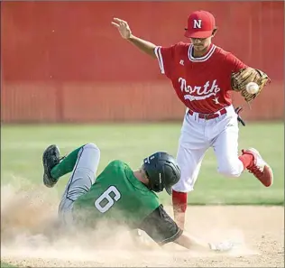  ?? ROD THORNBURG / FOR THE CALIFORNIA­N ?? North High’s Alejandro Galindo positions himself to receive a throw at second base as Tehachapi’s Colton Christy slides in safely in Wednesday’s SYML baseball game at North.