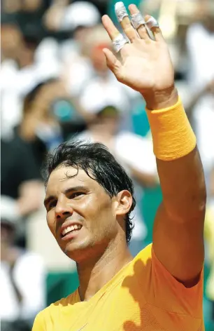  ?? Reuters ?? Spain’s Rafael Nadal celebrates his quarterfin­al victory against Austria’s Dominic Thiem during the Monte Carlo Masters on Friday. —